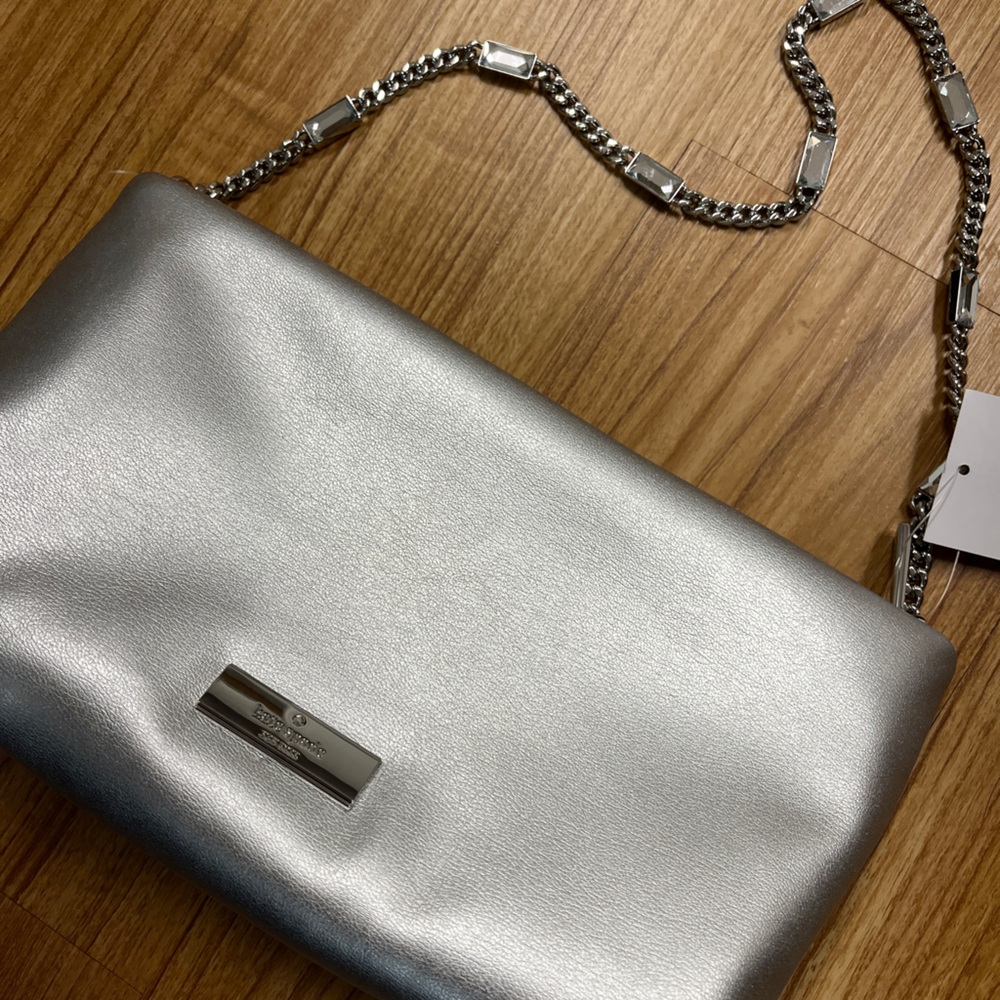 Kate Spade Anya metallic silver crossbody clutch NWT vegan leather chain bag